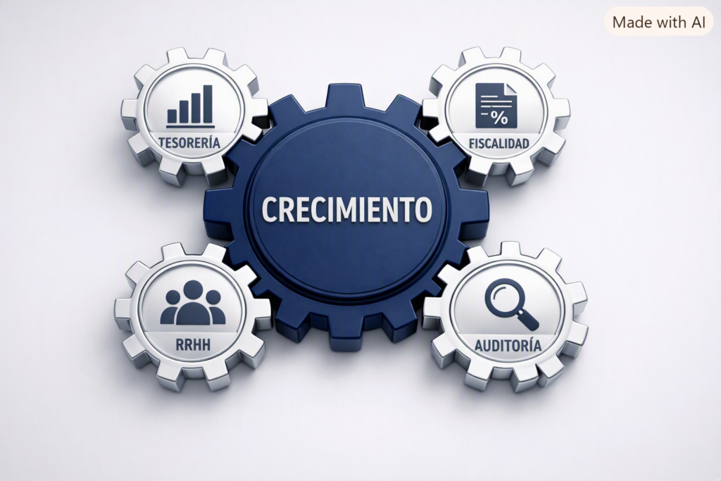 Gráfico de engranajes sobre las ventajas de externalizar el departamento financiero, la gestión de tesorería y la administración para pymes.
